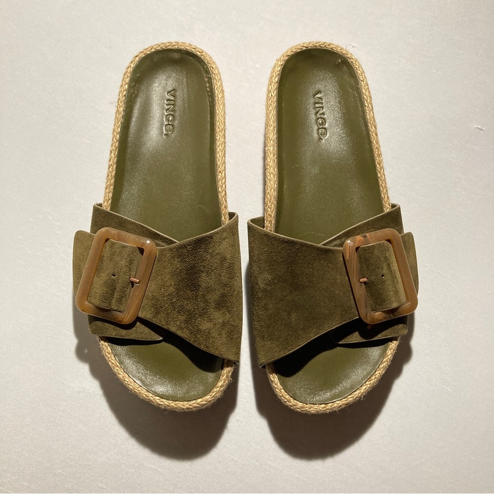 Vince Big Buckle Suede slide Espadrille sandals Spruce Green 8.5